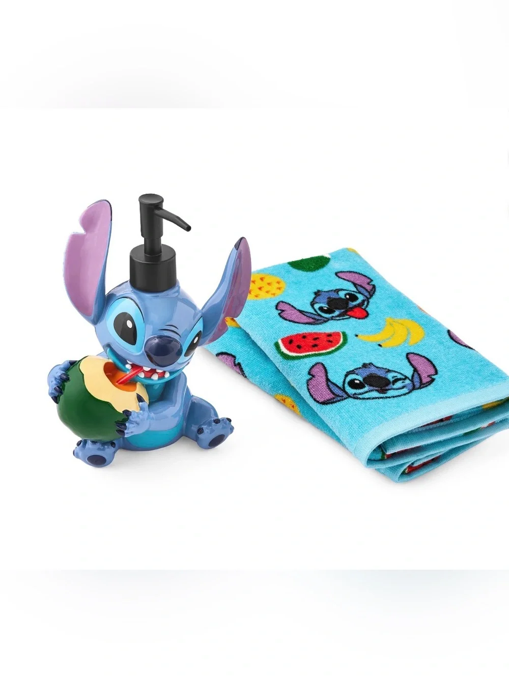 Disney Stitch Soap Dispenser & Fruit-Print Hand Towel Set — Aqua Blue & Purple